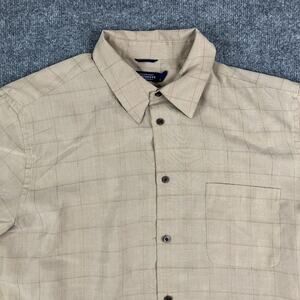 Consensus Casual Button Shirt Mens L Beige Short Sleeve Lightweight Summer